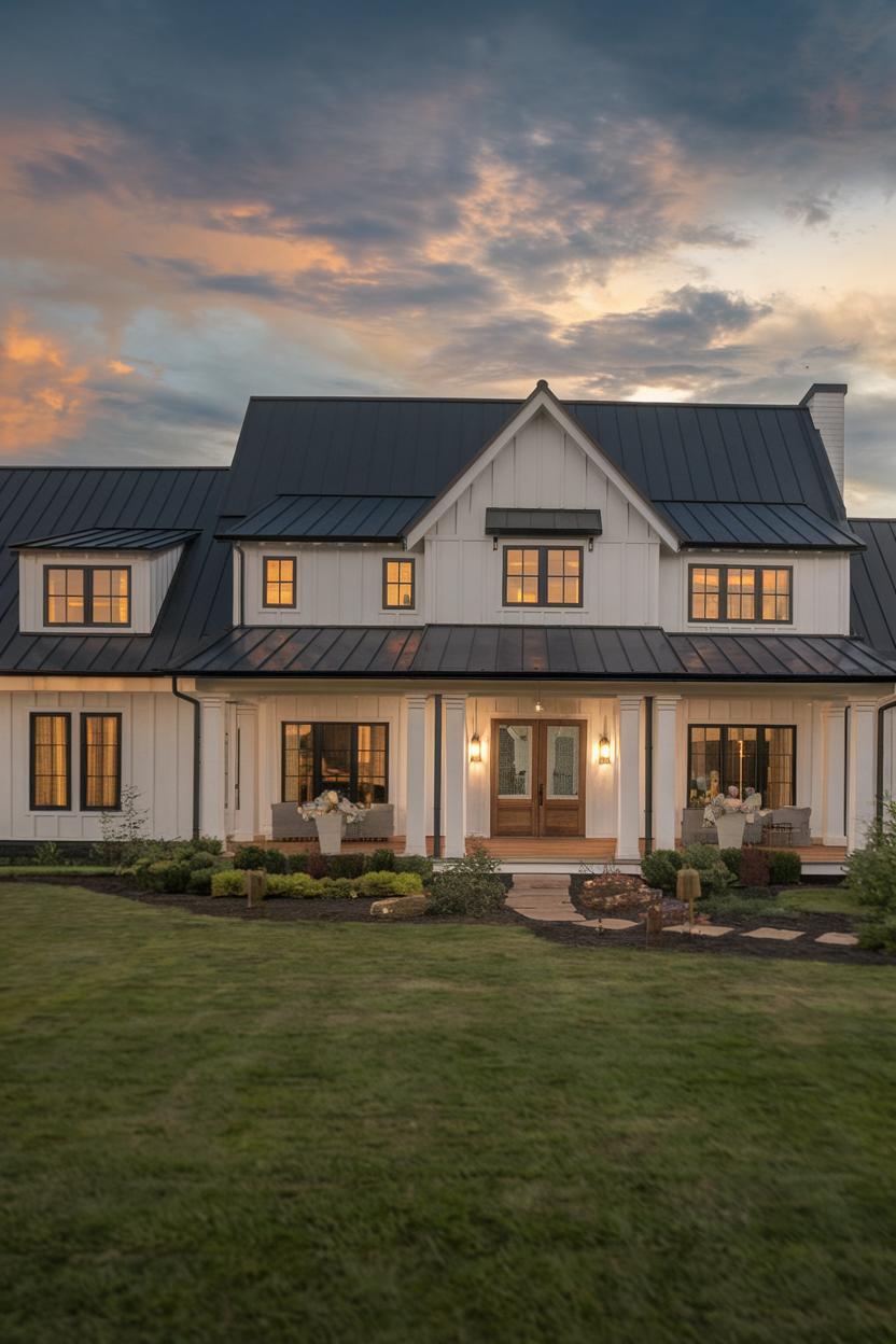 Modern farmhouse at sunset with warm lighting