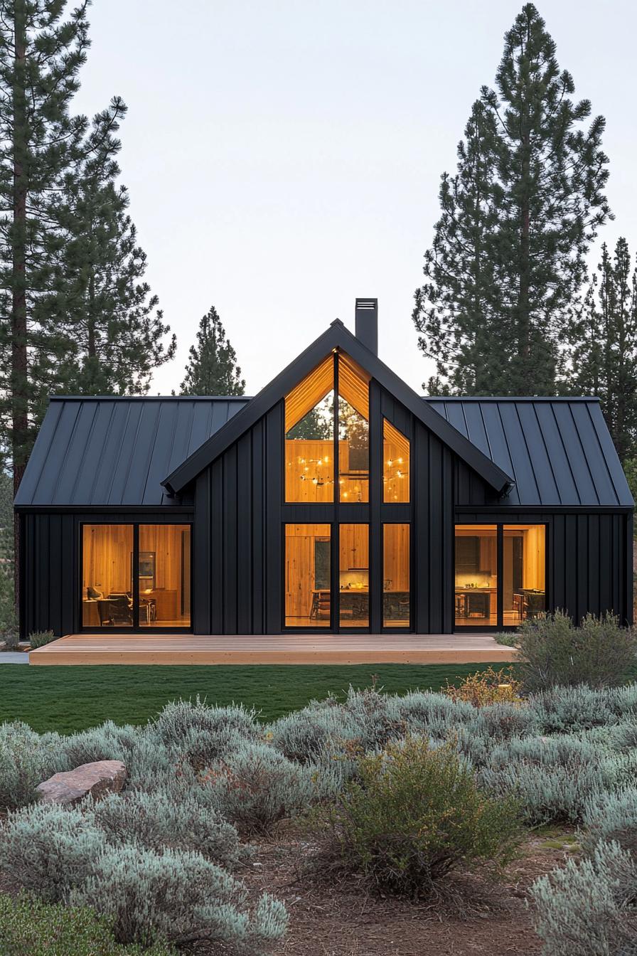 Modern black A-frame cabin with warm interior light, surrounded by tall pines