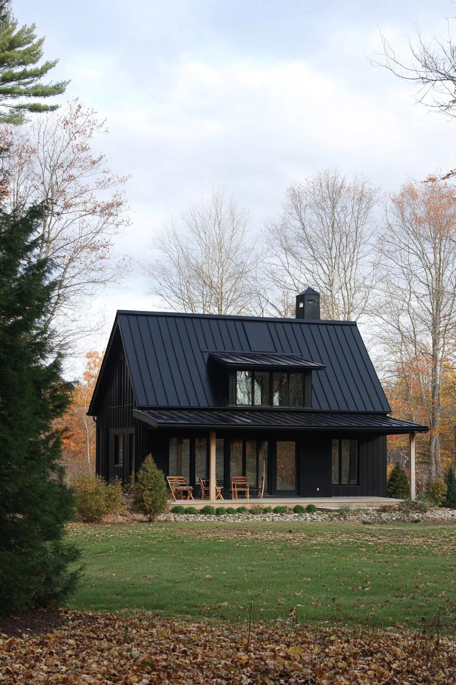 Modern black cabin surrounded by fall foliage