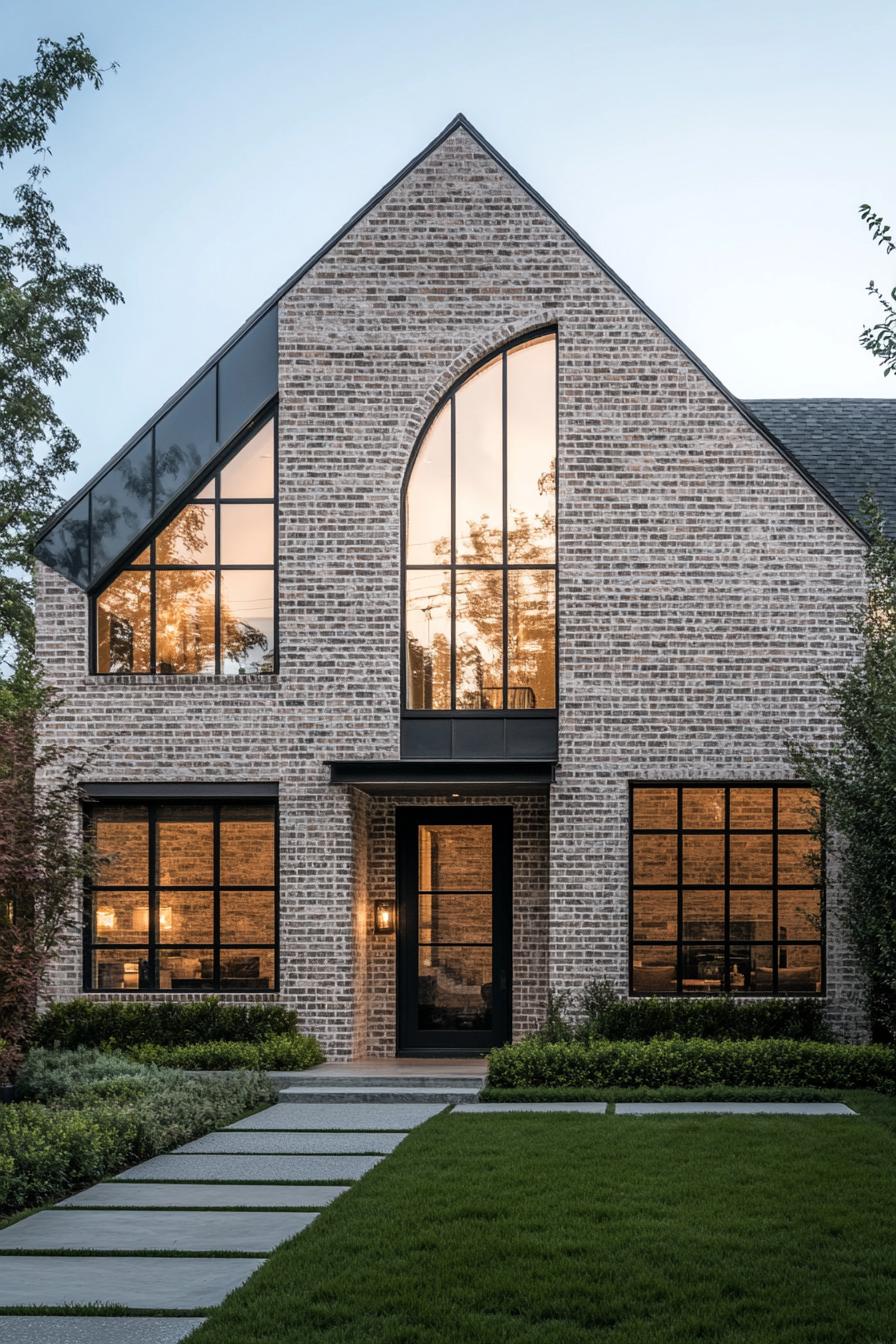 Modern brick house with arched windows and neat landscaping