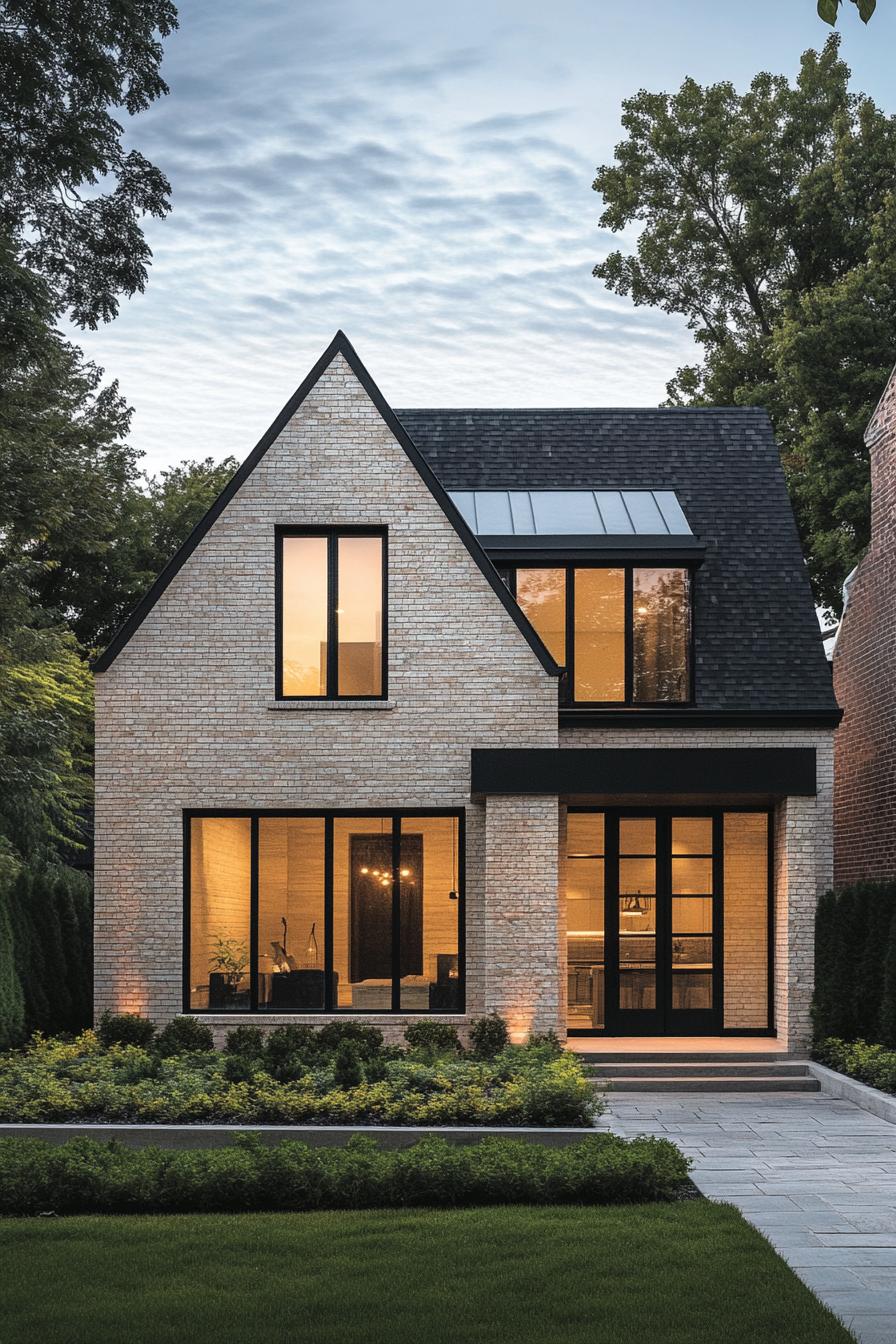 A modern house with large windows and a peaked roof