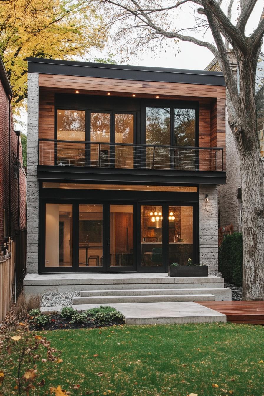 Two-story house with wooden upper facade and glass windows