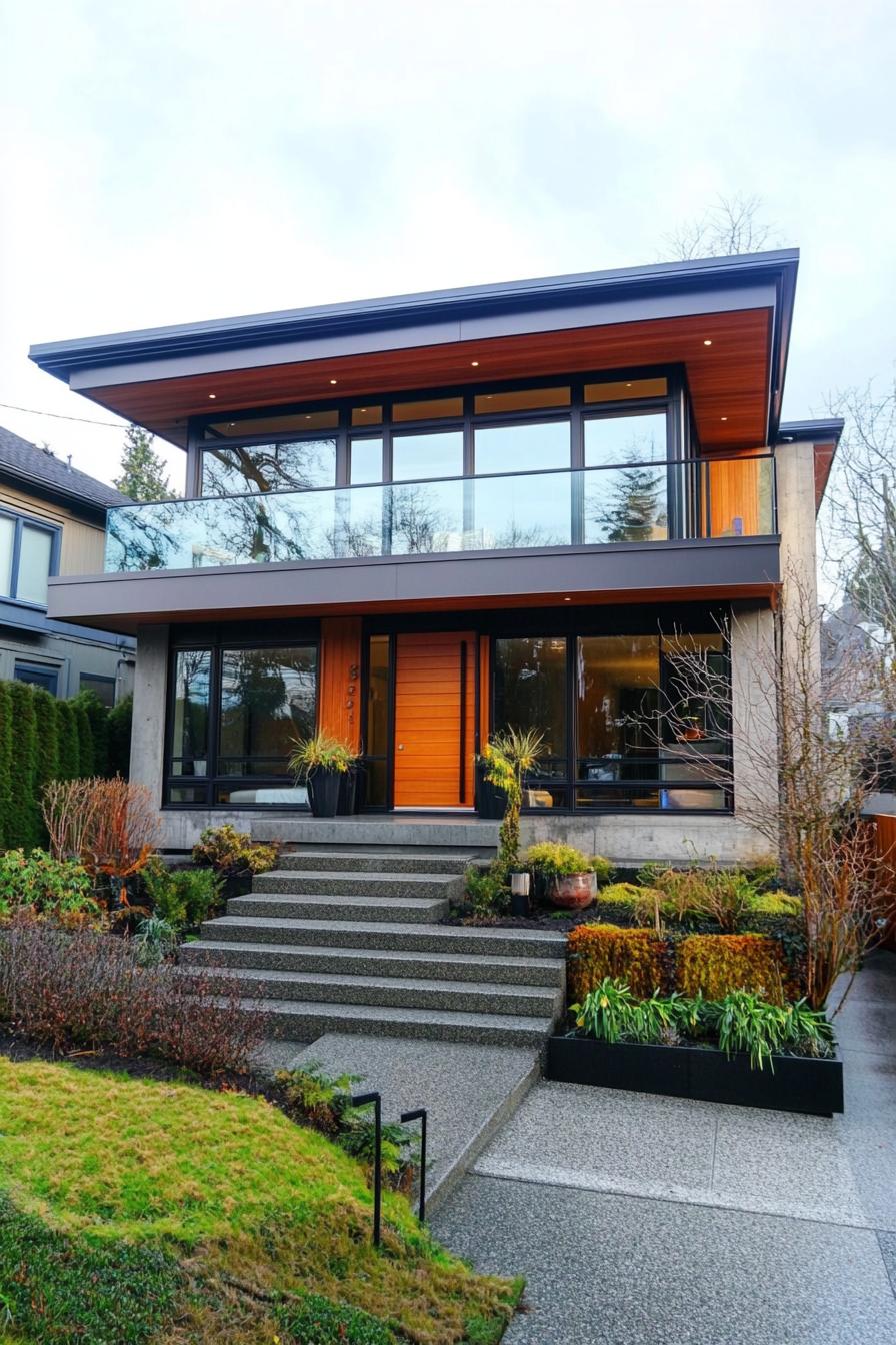 Modern two-story house with large windows and a wooden facade