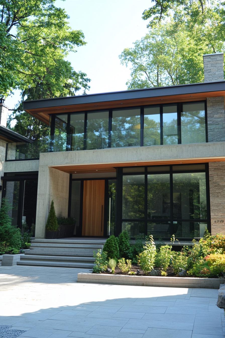 Modern house with glass facade and lush greenery