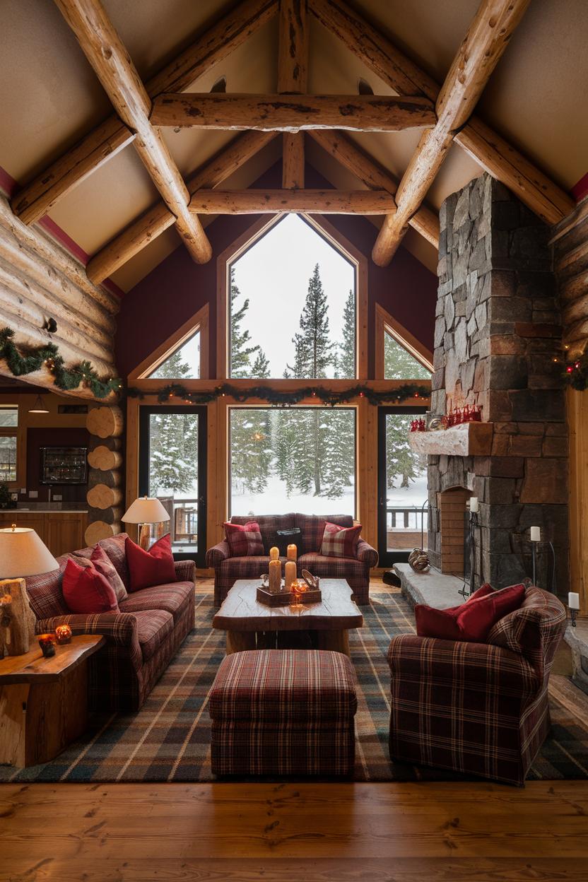 Cozy cabin living room with log beams and stone fireplace