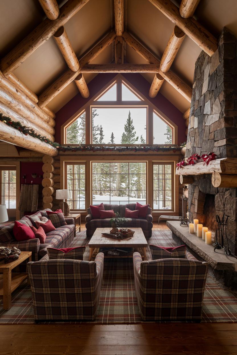 Rustic cabin interior with plaid furniture and stone fireplace