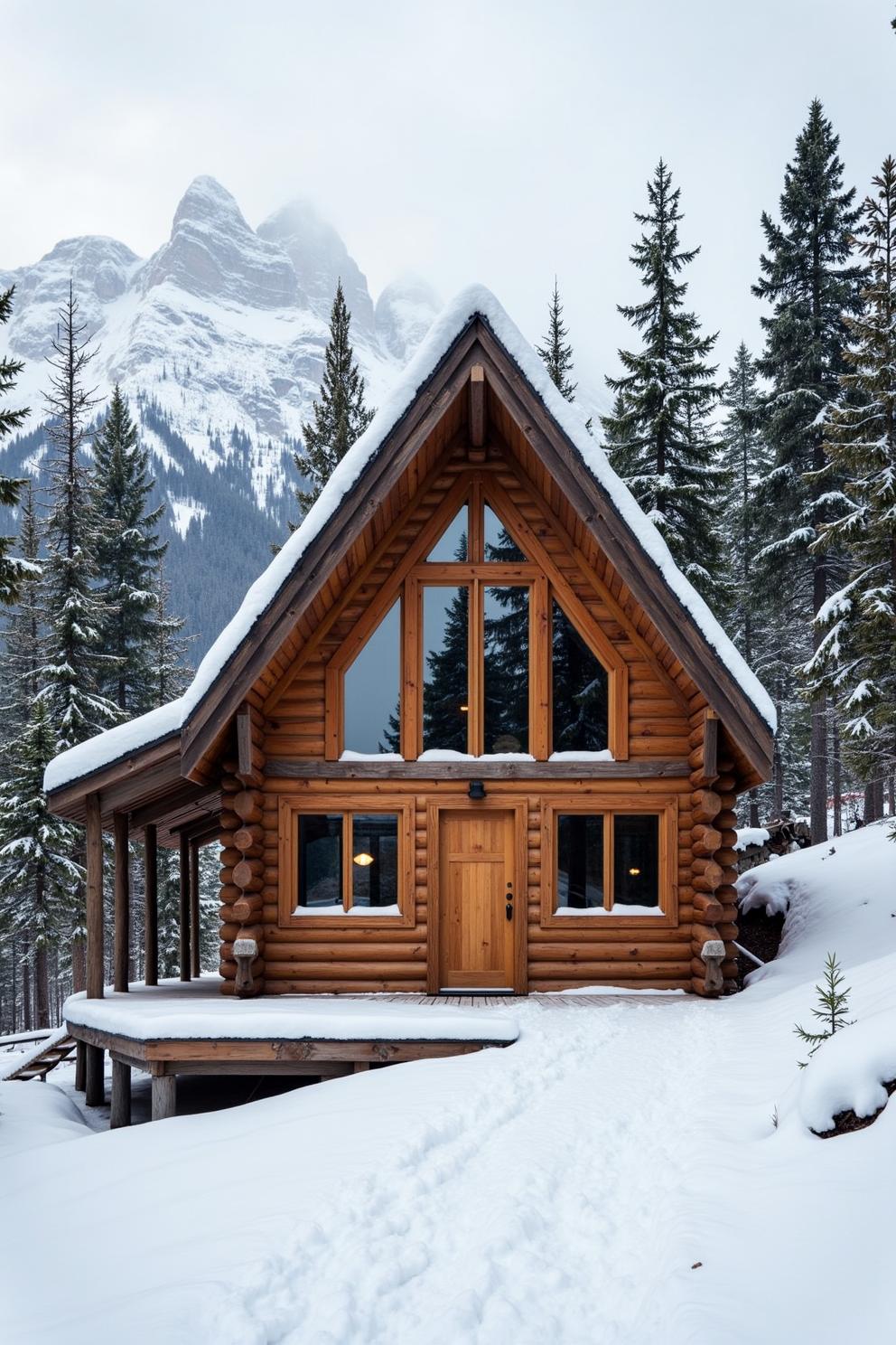 A cozy log cabin surrounded by snow and trees