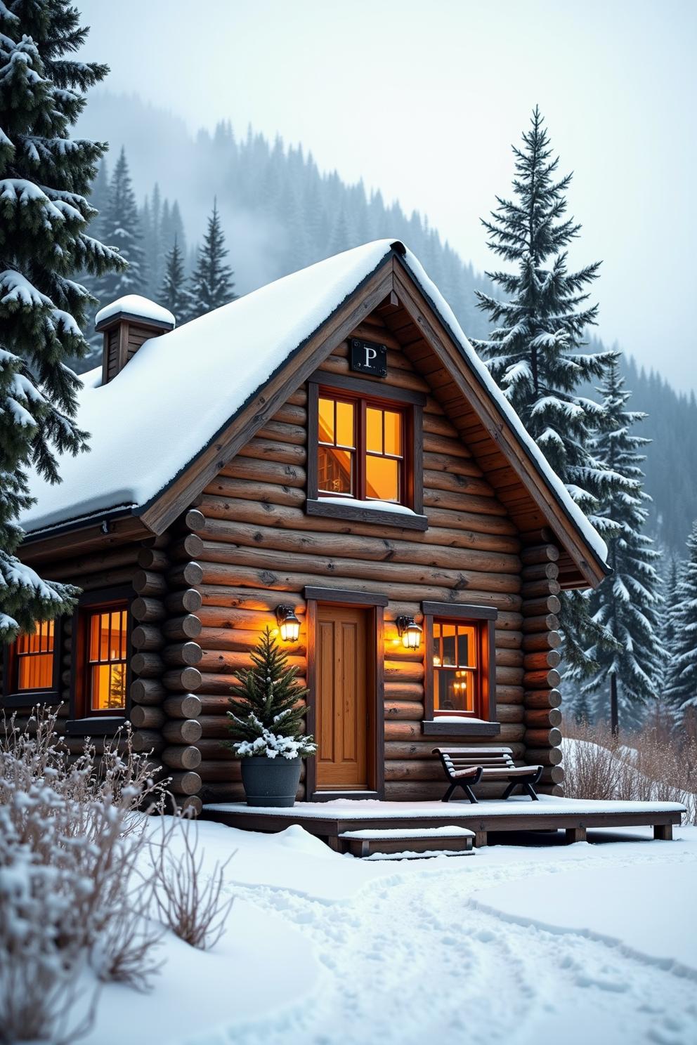 Cozy log cabin in a snowy woodland