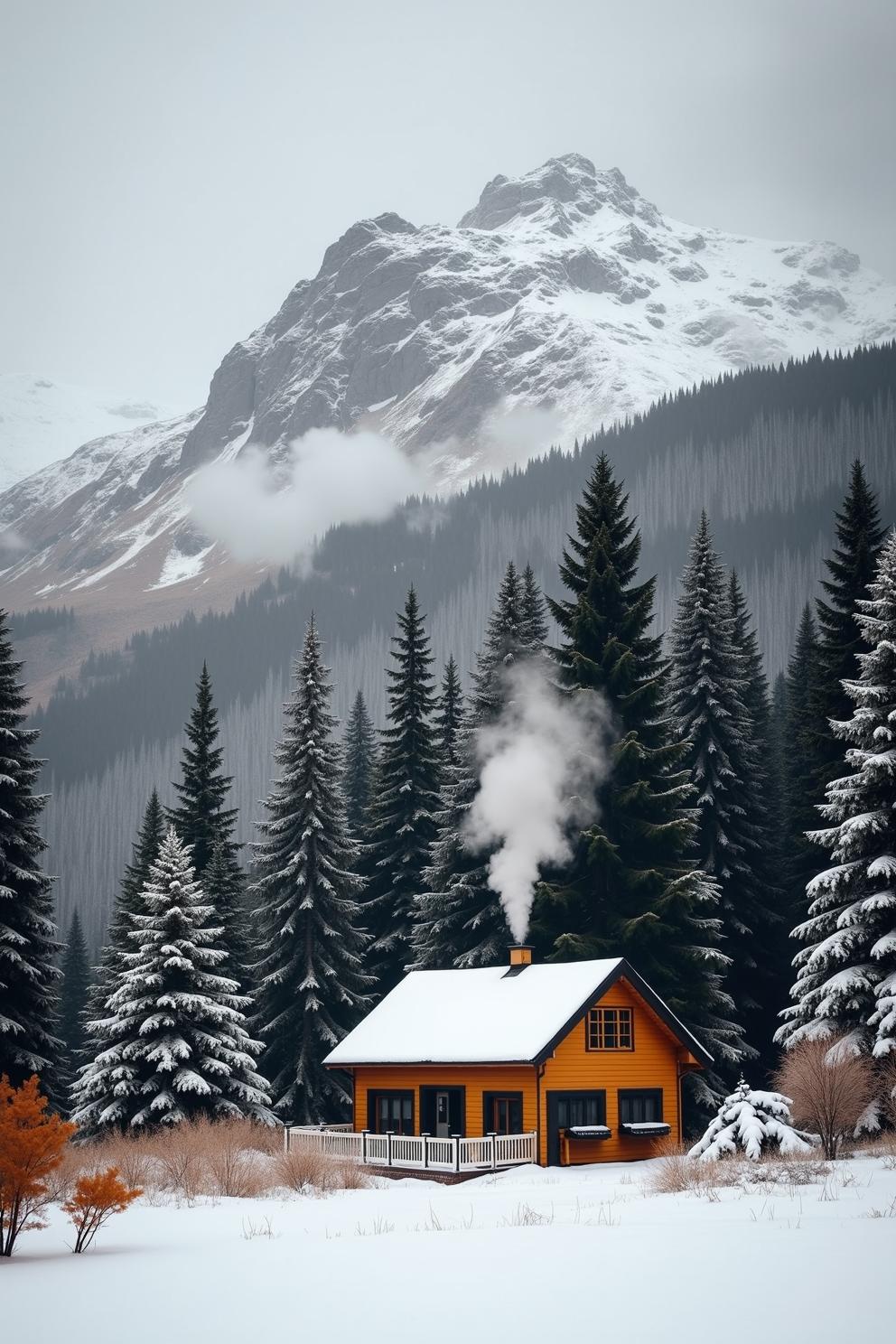 A cabin in a snowy forest with a mountain backdrop