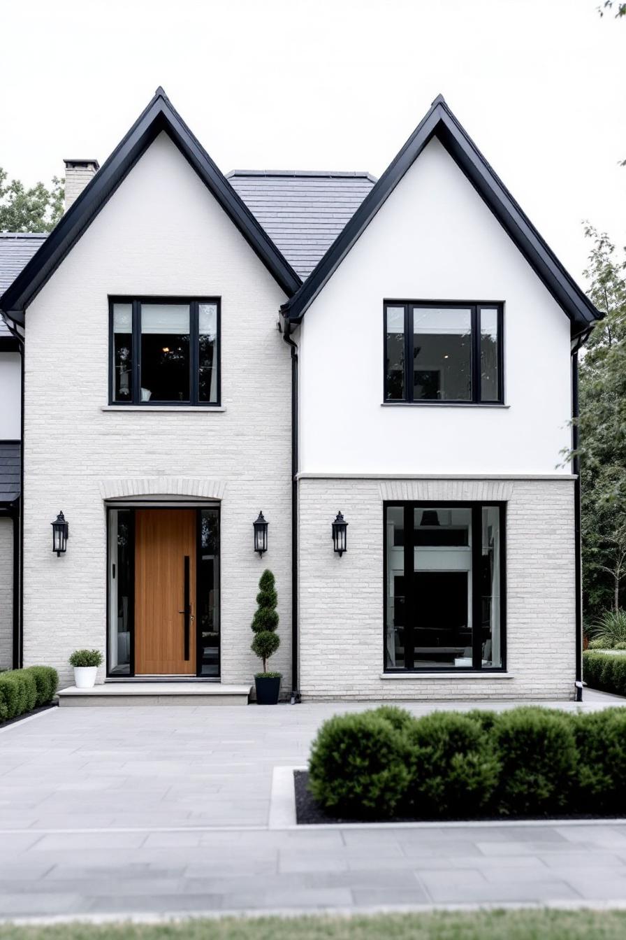 Modern house with peaked roofs and black-trimmed windows