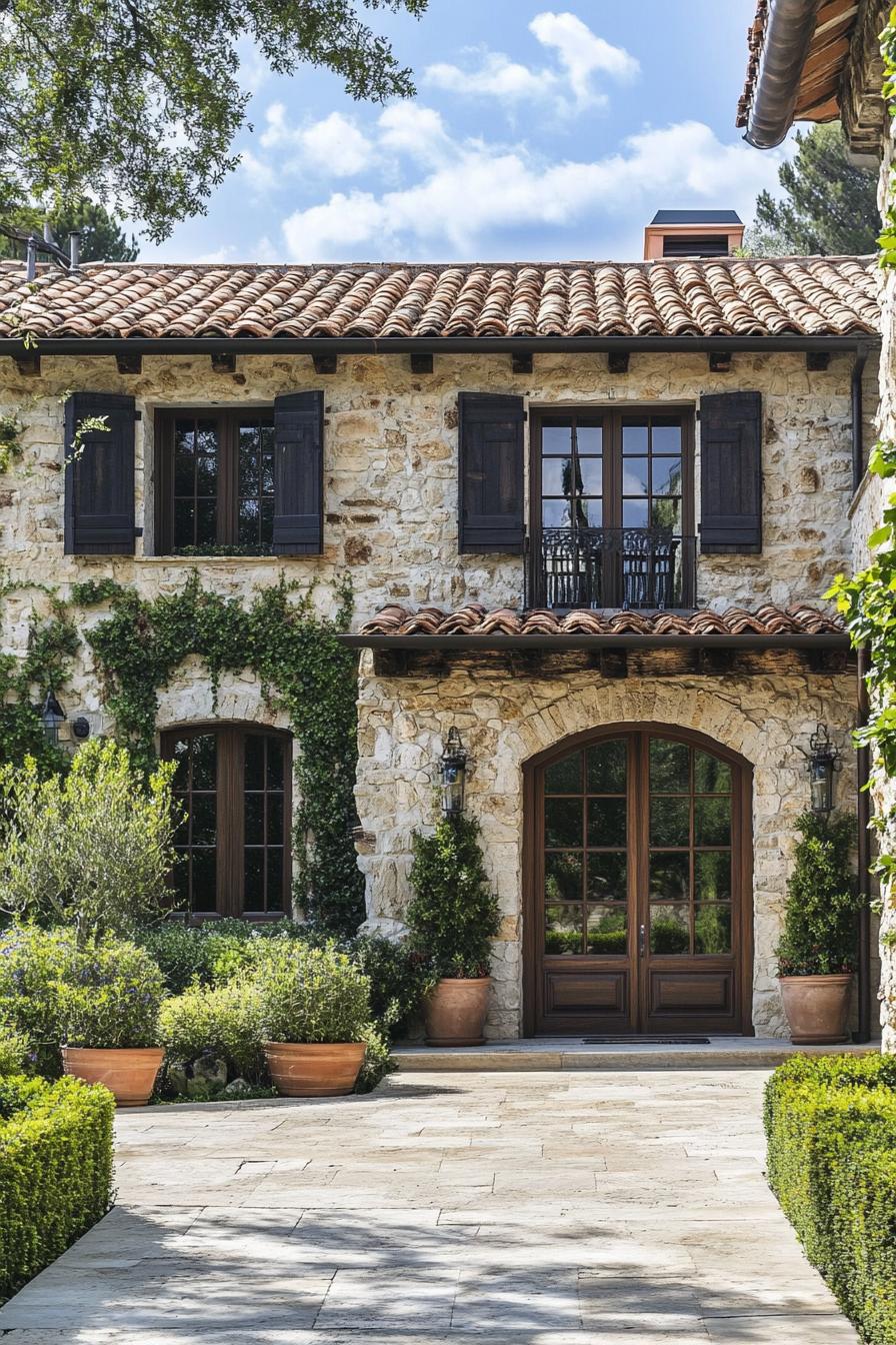 Charming stone farmhouse with ivy and potted plants