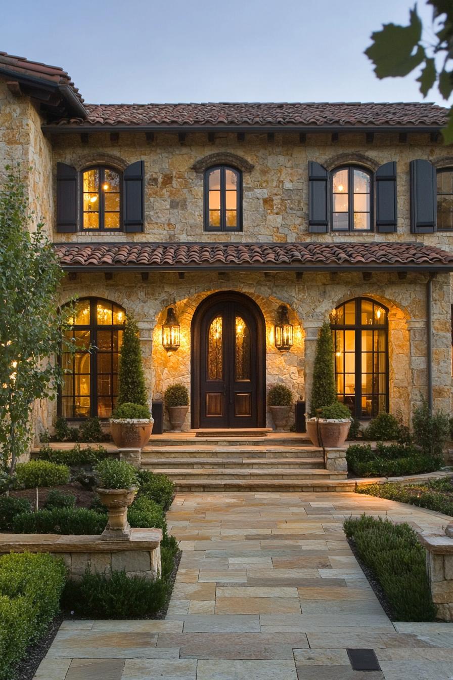 Stone house with arched windows and terra-cotta roof