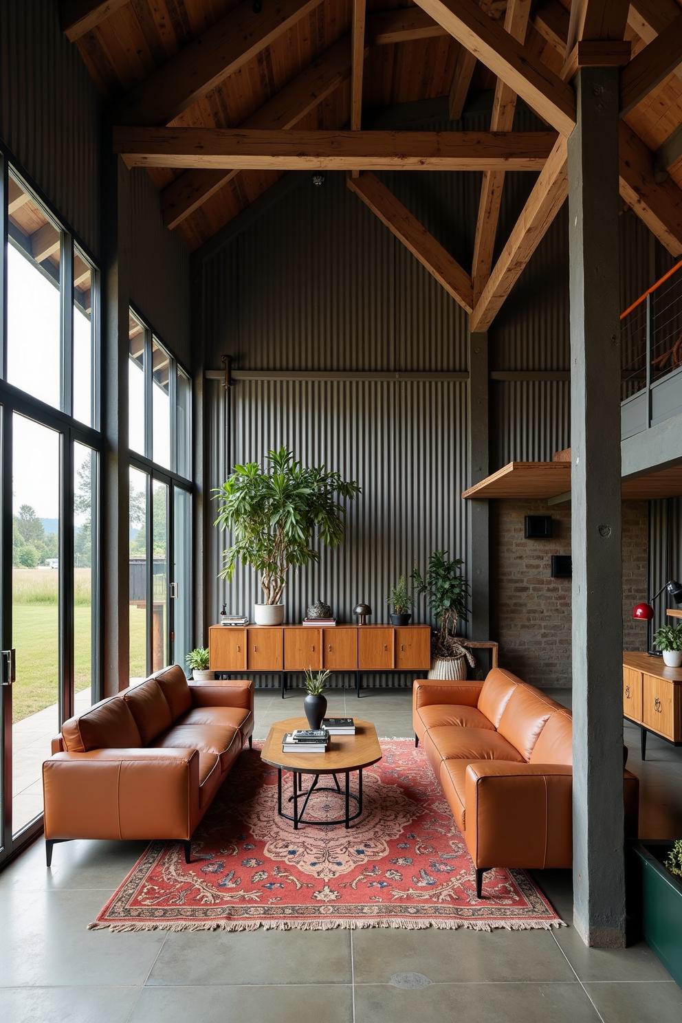 Loft interior with wooden beams and leather sofas