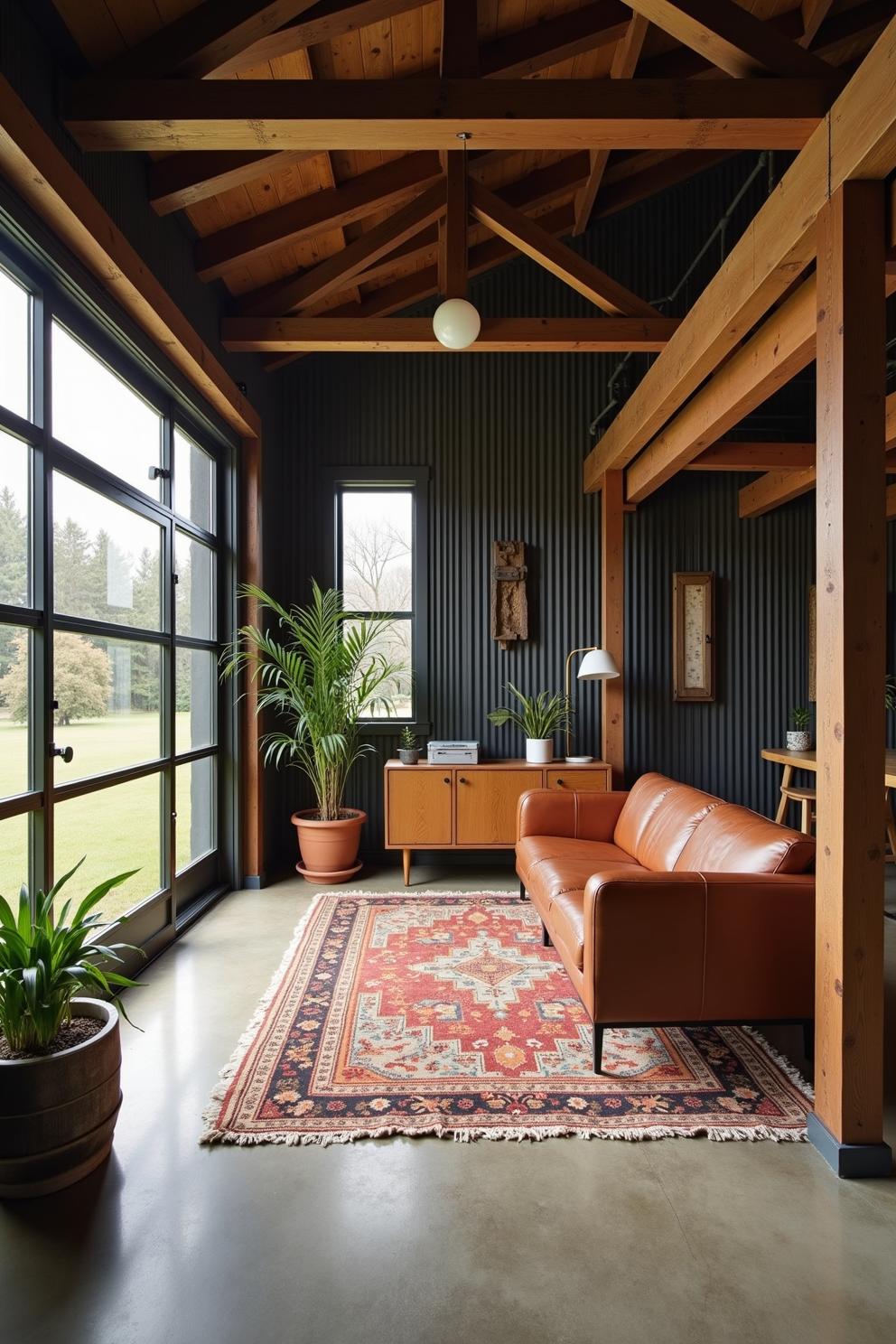 Cozy loft interior with plants and a leather sofa