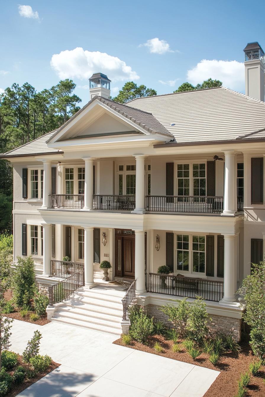 Elegant colonial-style house with tall pillars and lush greenery