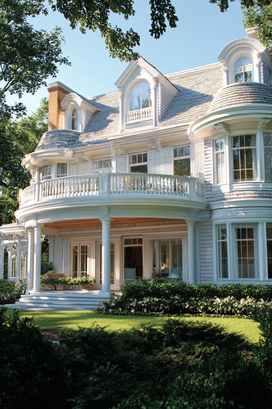 Elegant colonial house with rounded porch and lush lawn