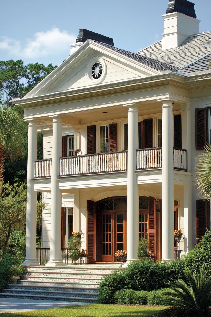 Elegant colonial-style house with tall white columns and lush greenery