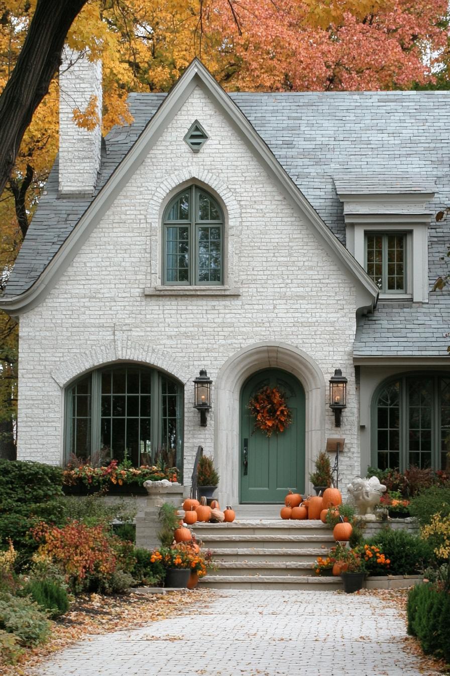 White brick house with pumpkins and green accents