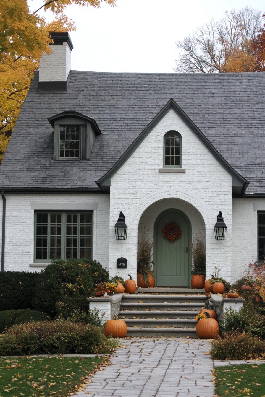 White brick house with arched doorway and pumpkins