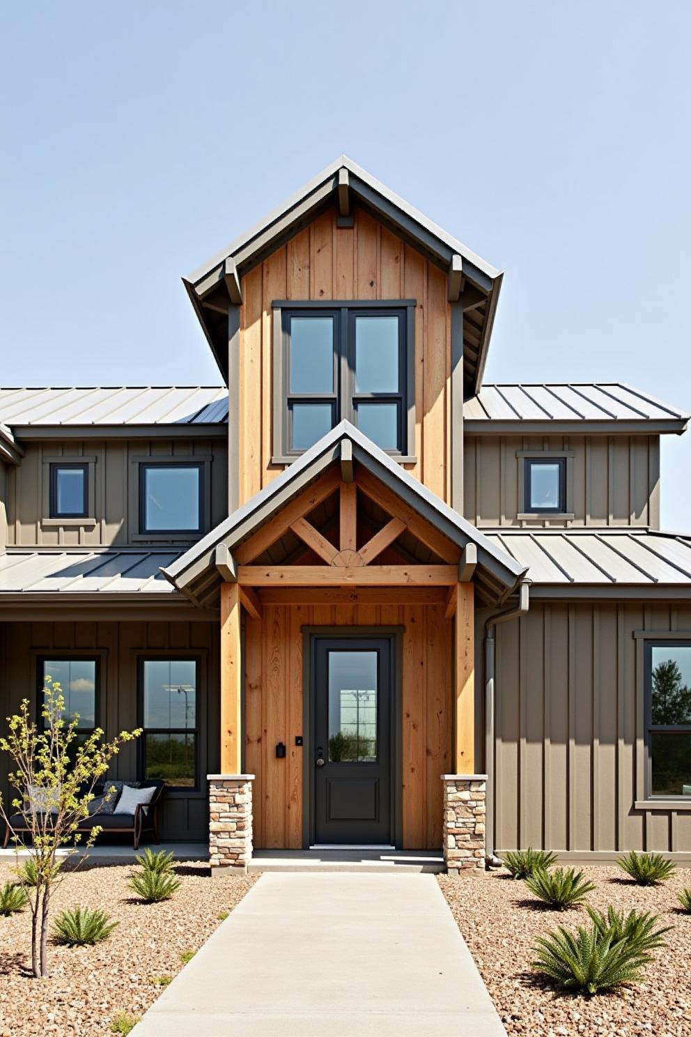 Ranch-style house with timber accents and metal roof