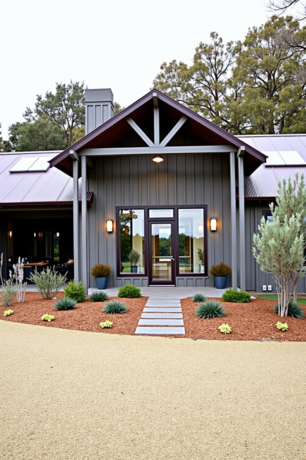 Modern ranch-style home with large windows and landscaped front entrance