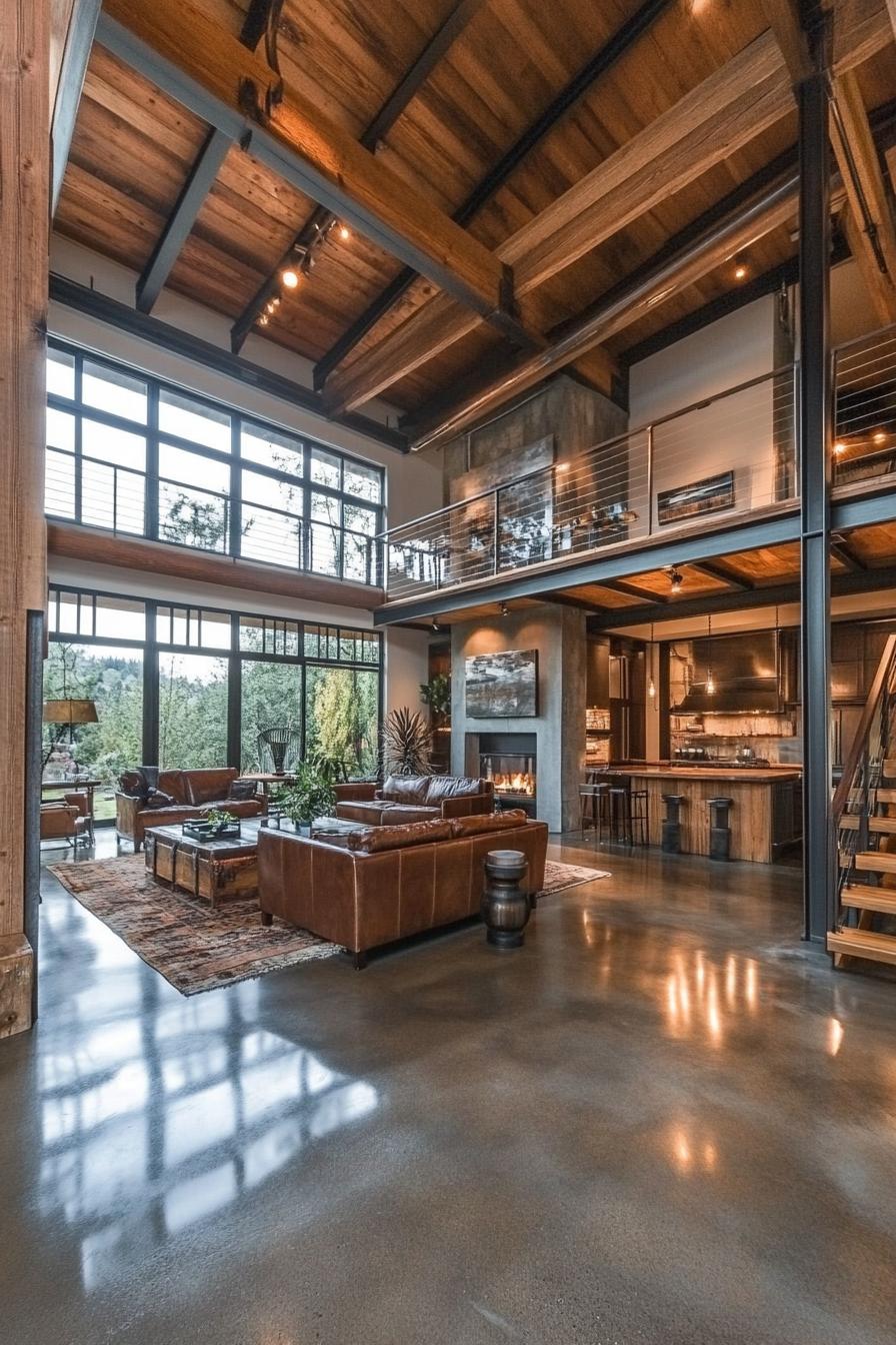 Spacious loft interior with wooden beams and leather furniture