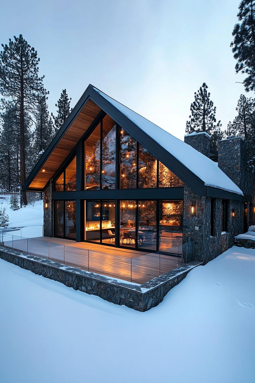 A-Frame cabin with lights glowing in snowy forest