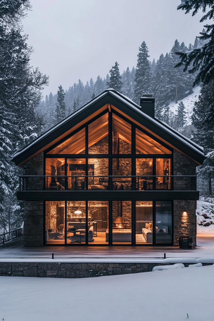 Warmly lit stone cabin surrounded by snow-covered trees