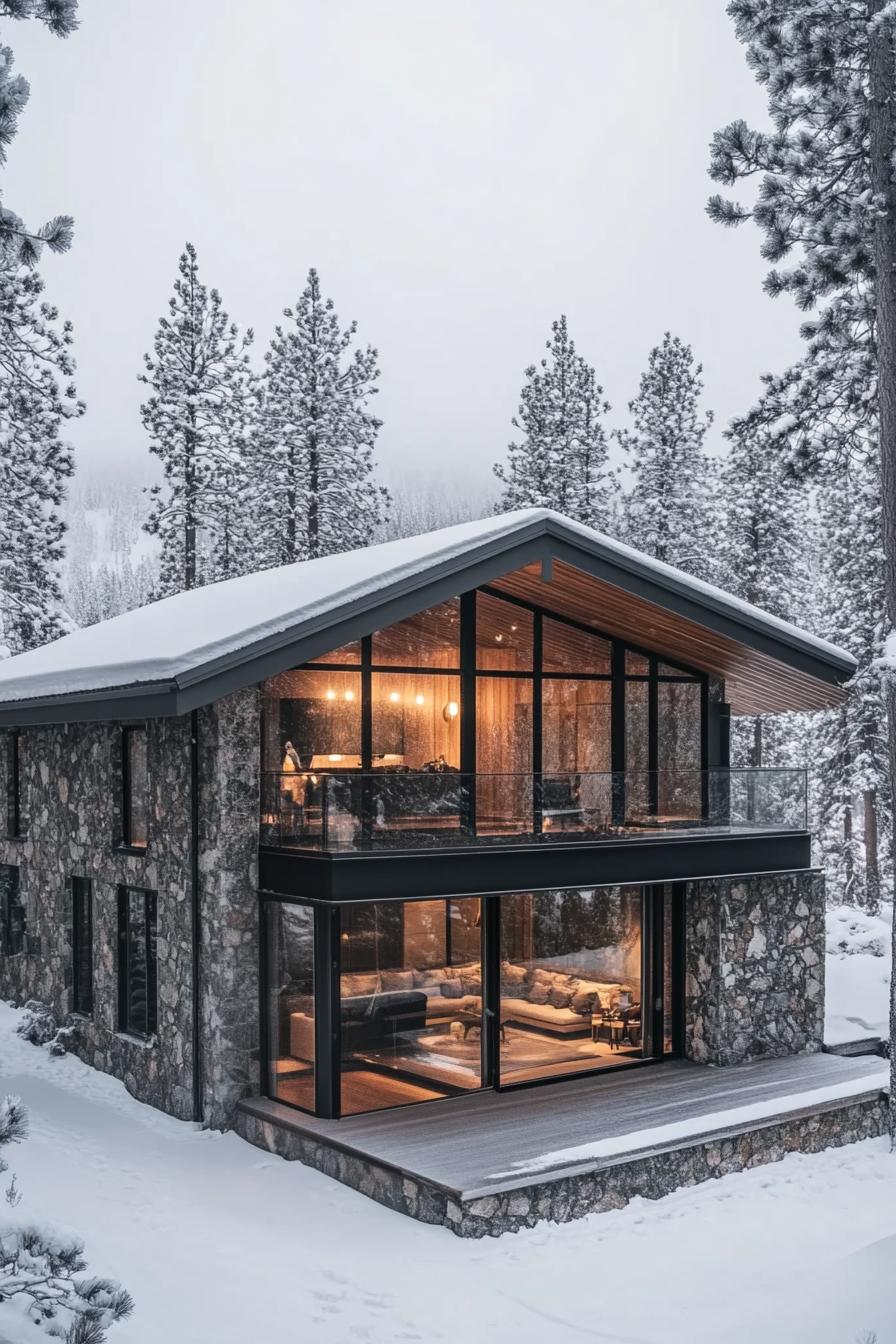 Modern cabin with a glass facade surrounded by snow-covered trees