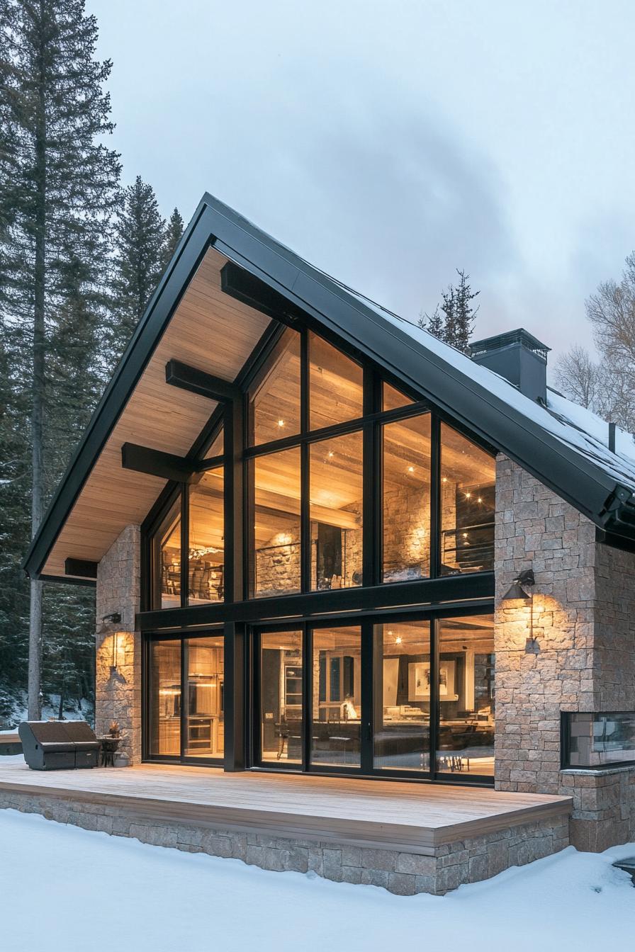 A-frame house with glass facade and stone walls