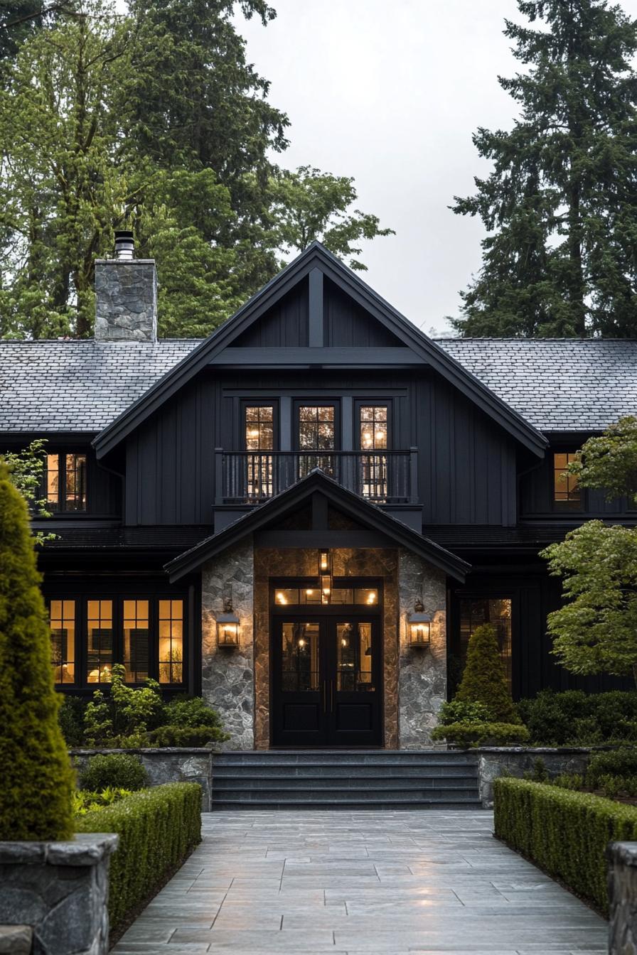 Sophisticated grey house with a charming porch in a forest setting