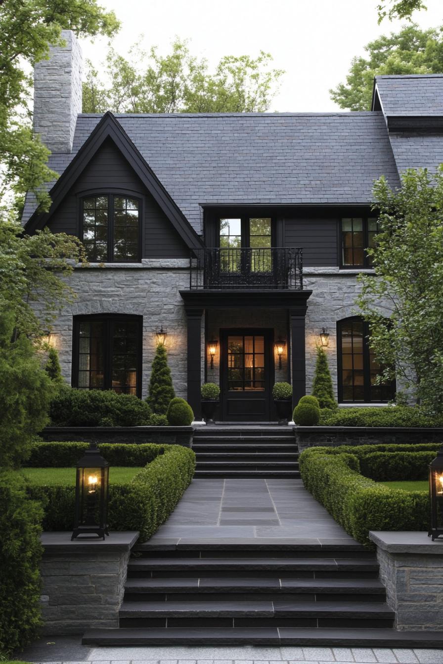 A charming, cozy stone house with manicured greenery