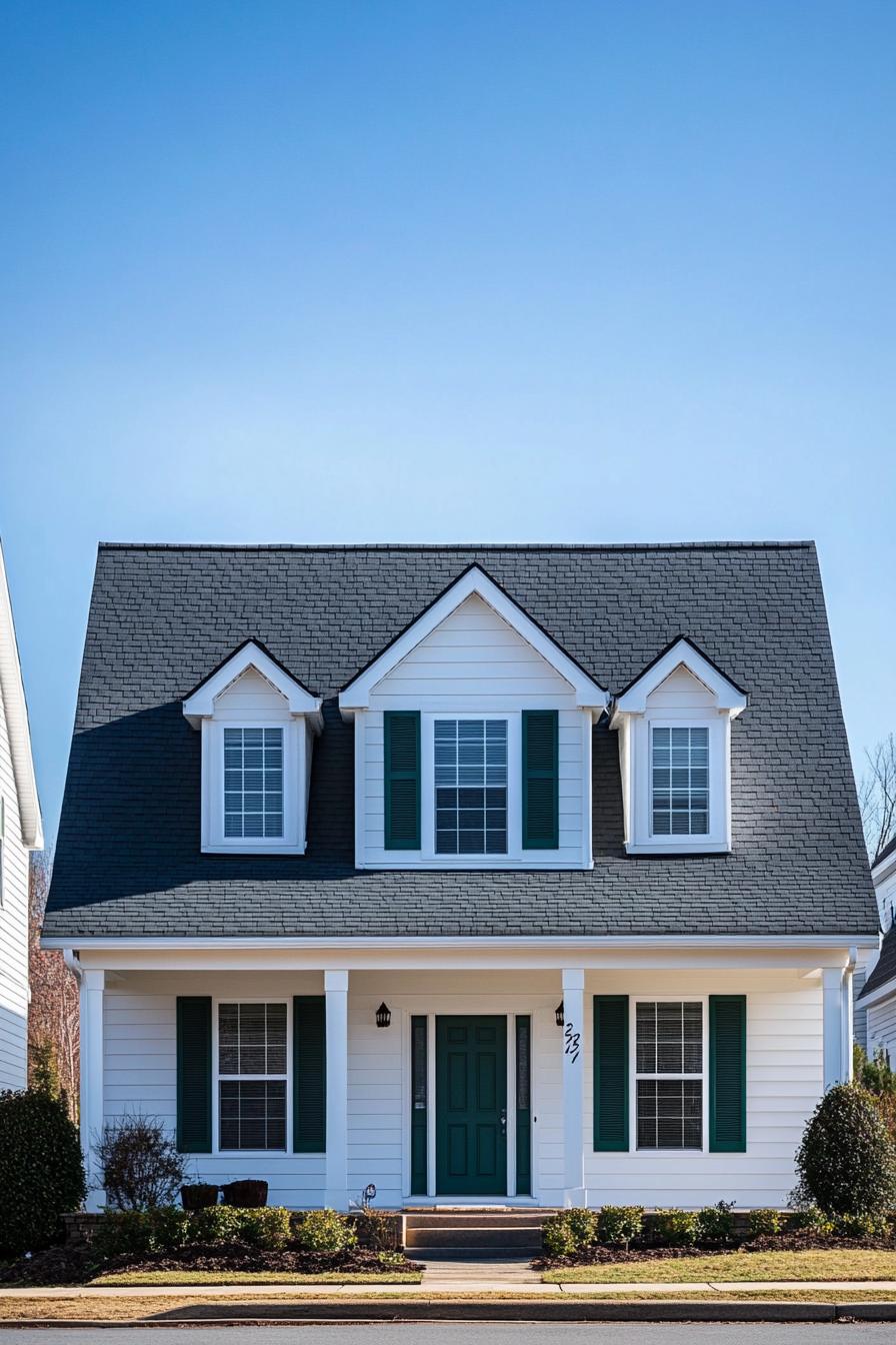 White house with a dark roof and green shutters