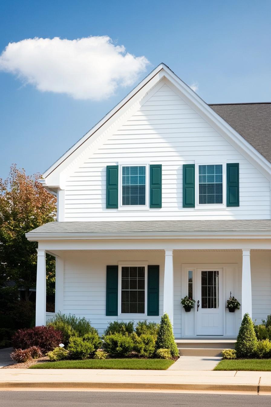 Classic white suburban house with green shutters and charming porch