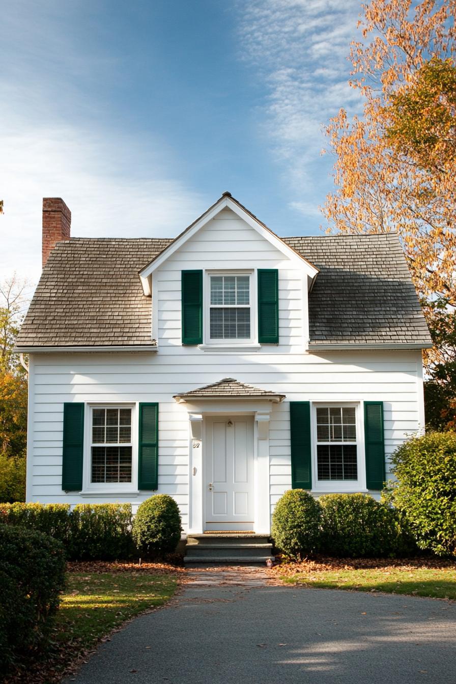 Classic suburban white house with green shutters and a gabled roof