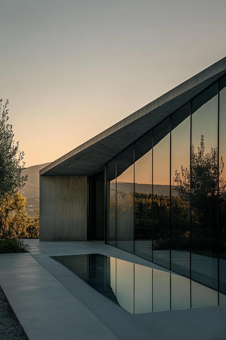 Sleek glass home with twilight reflections