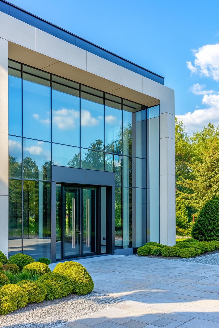 Elegant glass façade with surrounding greenery