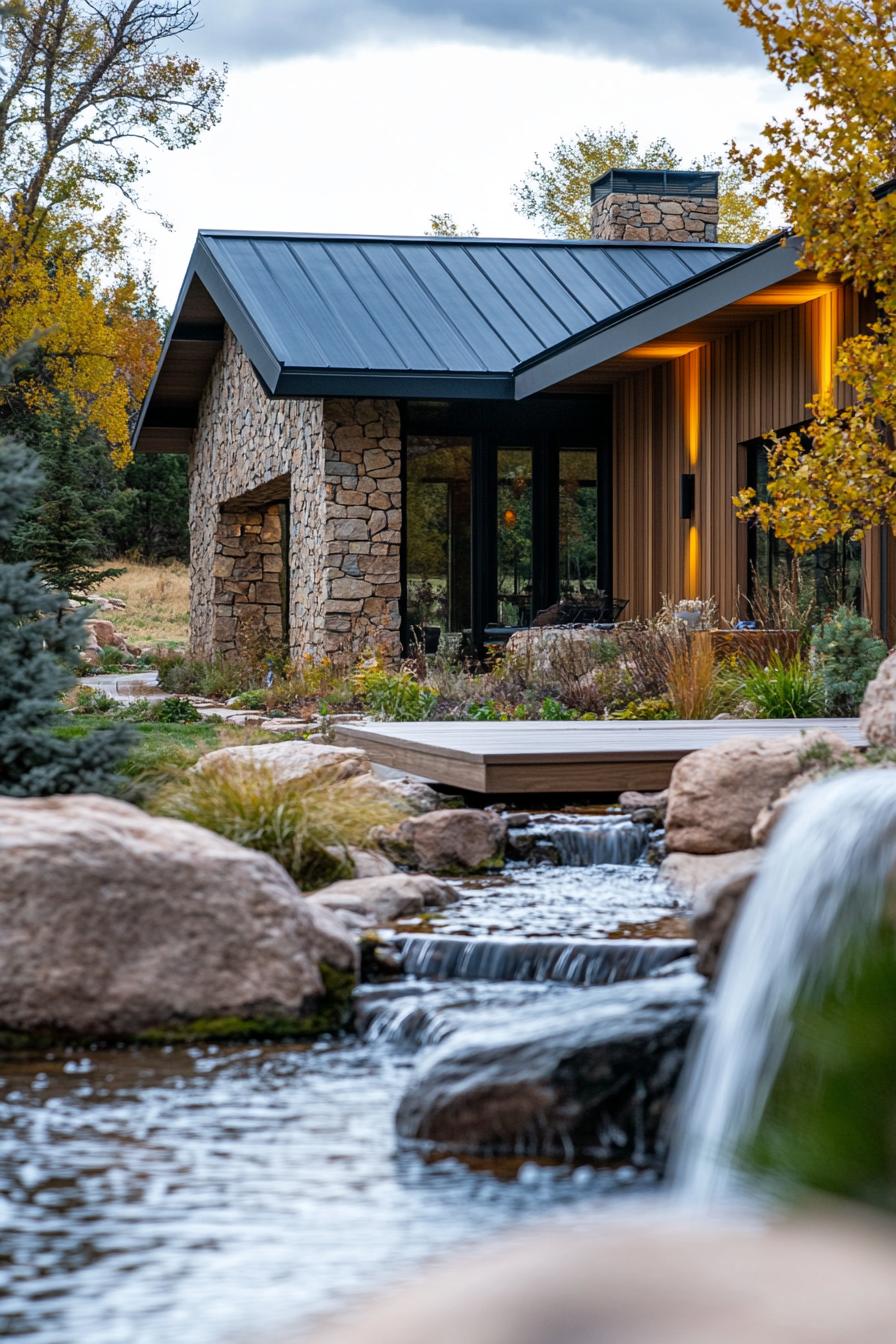 Modern house with stone facade next to a cascading stream