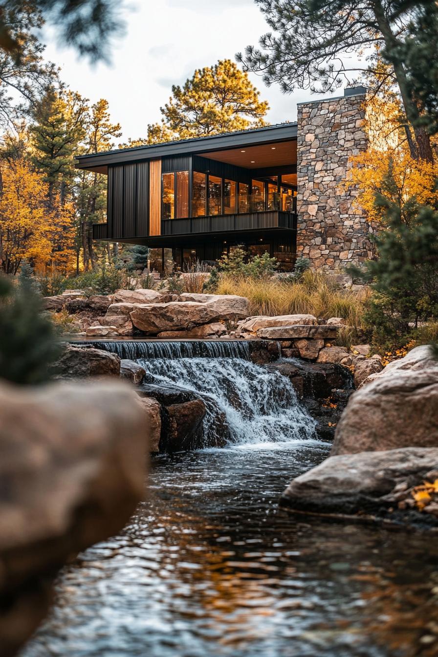 Modern house with stone chimney and waterfall