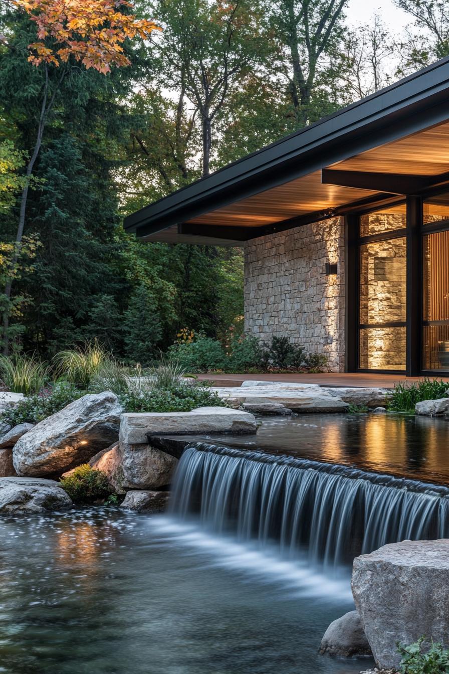 A modern stone house with a stylish waterfall feature