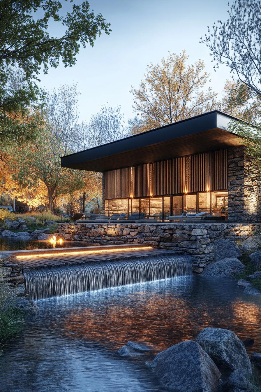 Modern glass house beside a tranquil creek