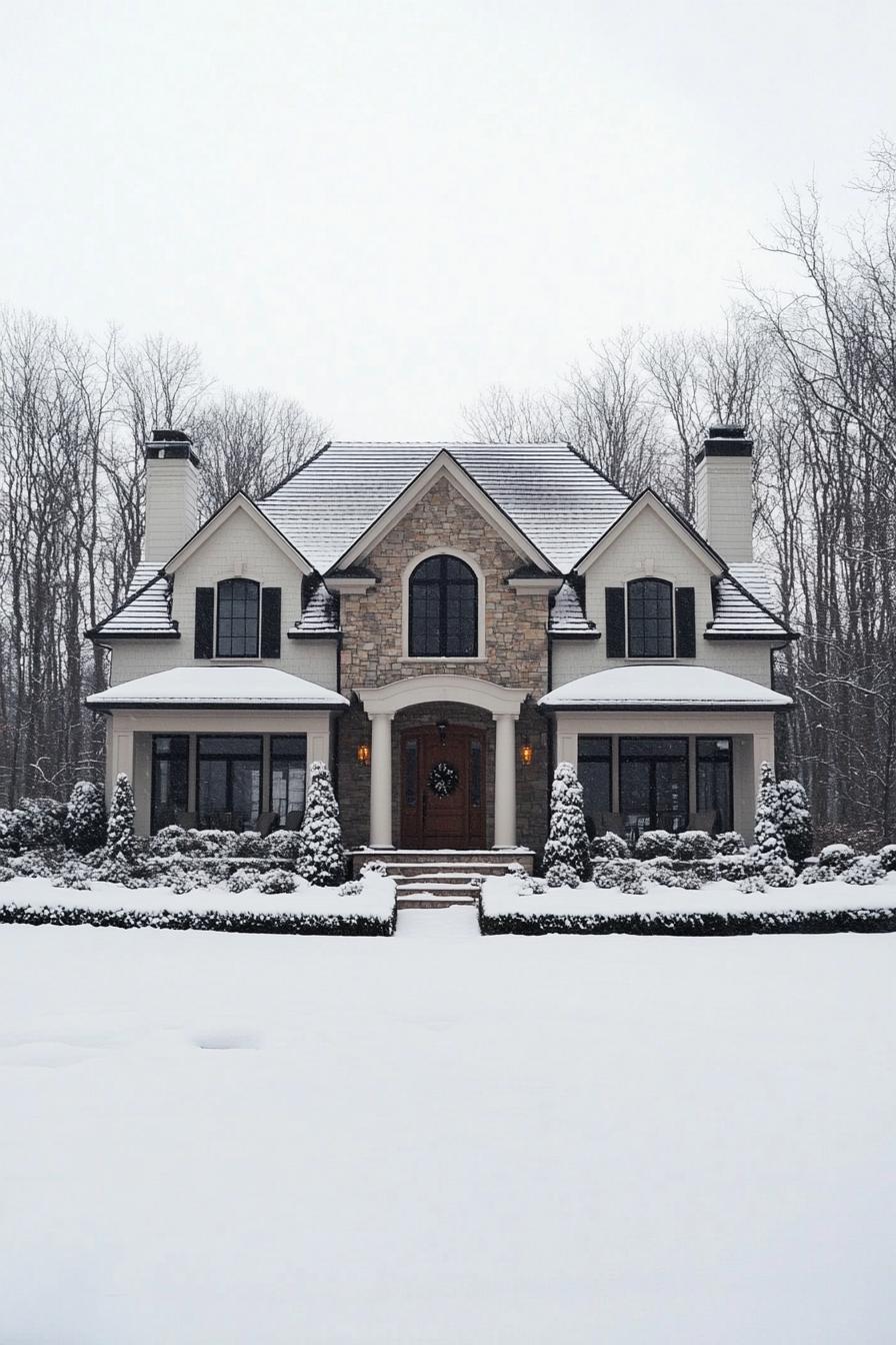 A suburban house adorned with snow