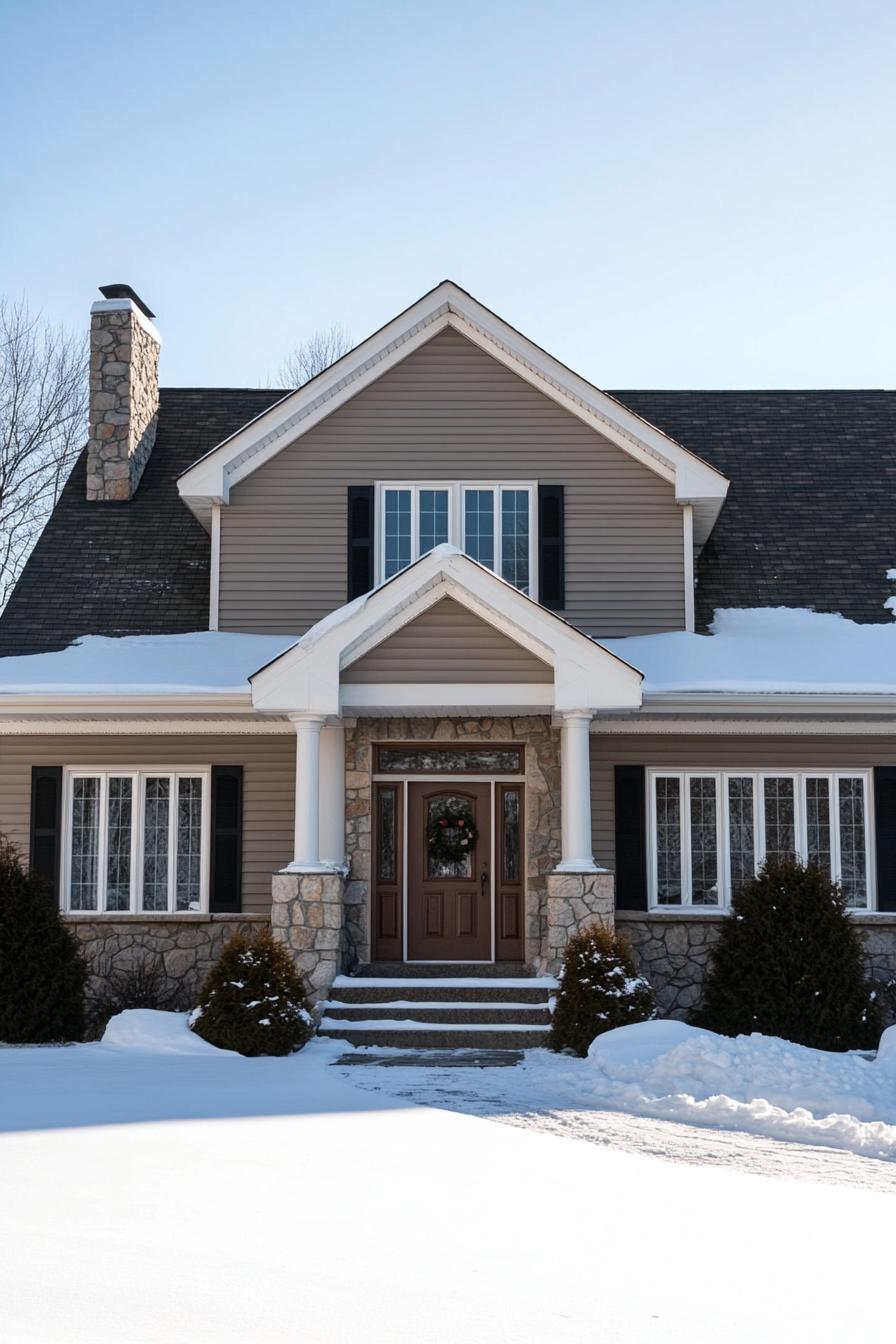 Classical suburban house with snow-covered lawn