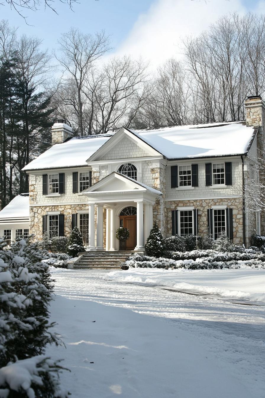 Charming snowy suburban house with a classic stone facade