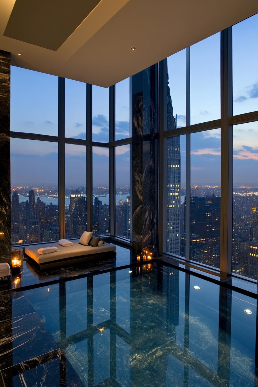 Sleek penthouse pool with a skyline view