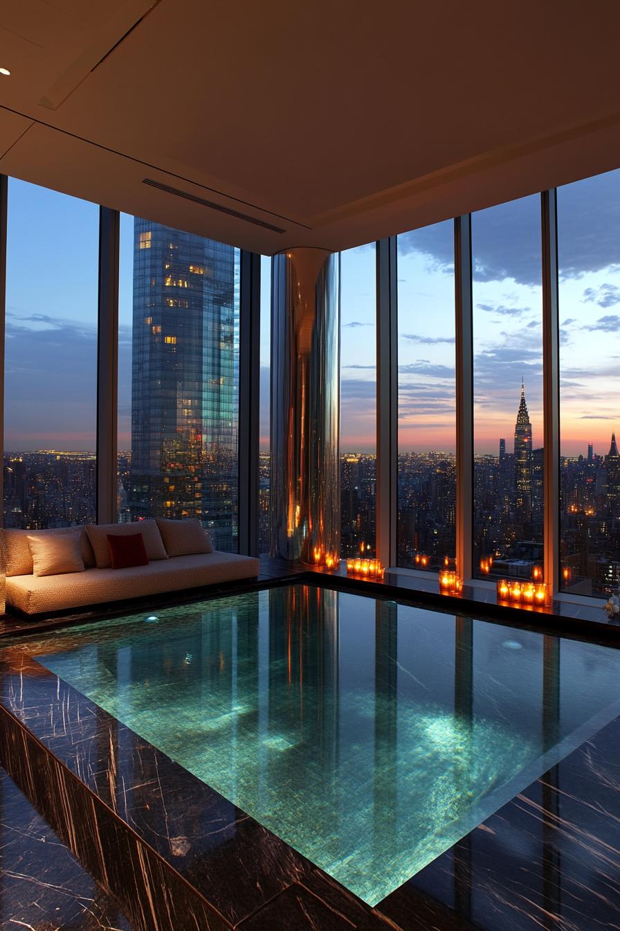 Luxurious penthouse twilight scene with a pool overlooking the city