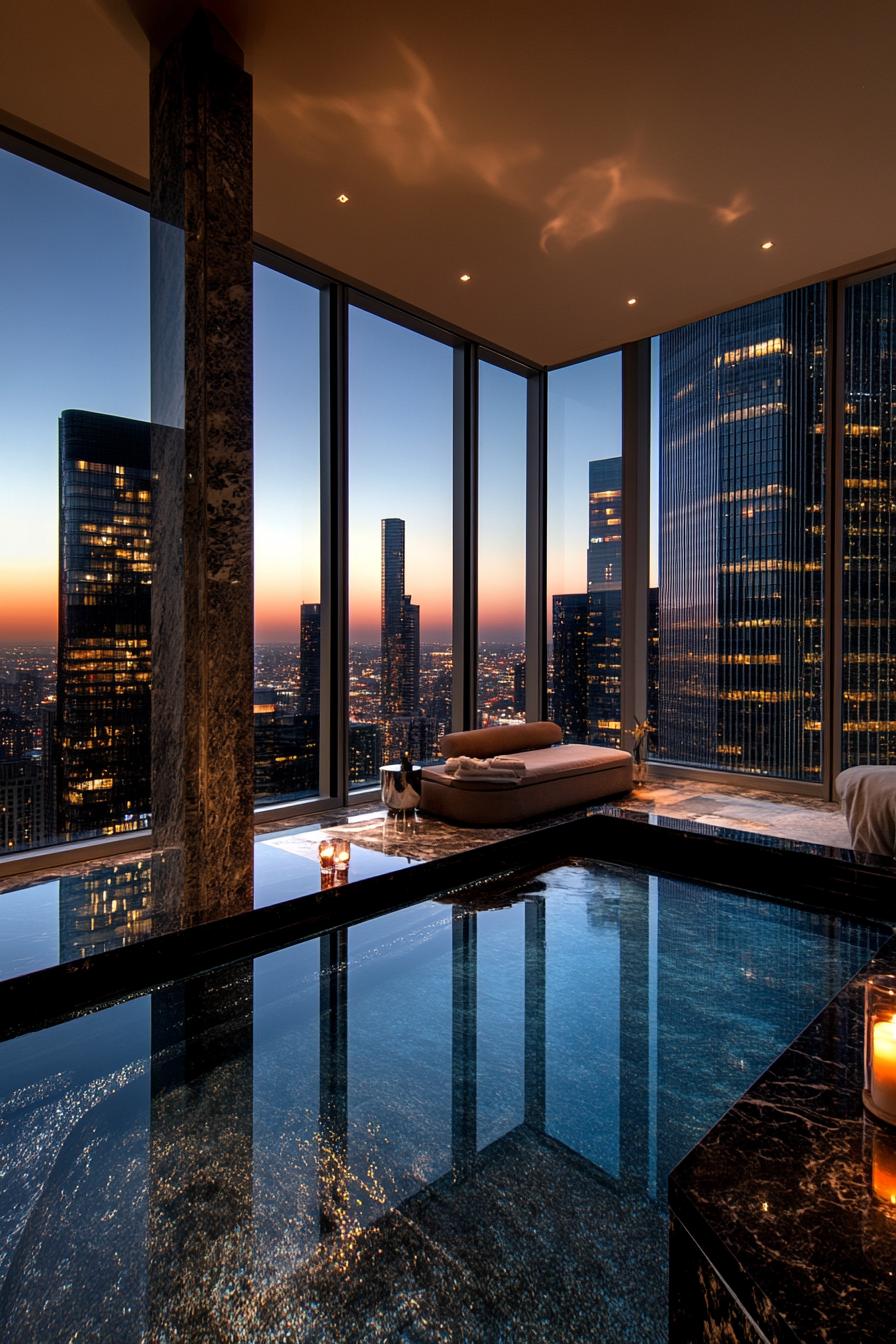 Luxurious penthouse pool with cityscape view at sunset