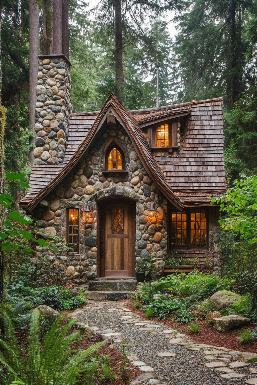 Charming stone cabin nestled in lush forest