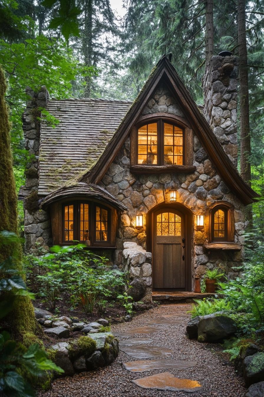 Charming stone cottage with glowing windows in a lush forest setting