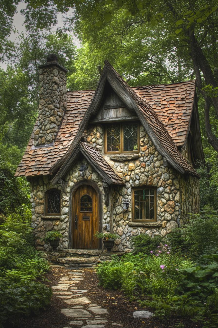 Charming stone cottage with a wooden door amidst trees